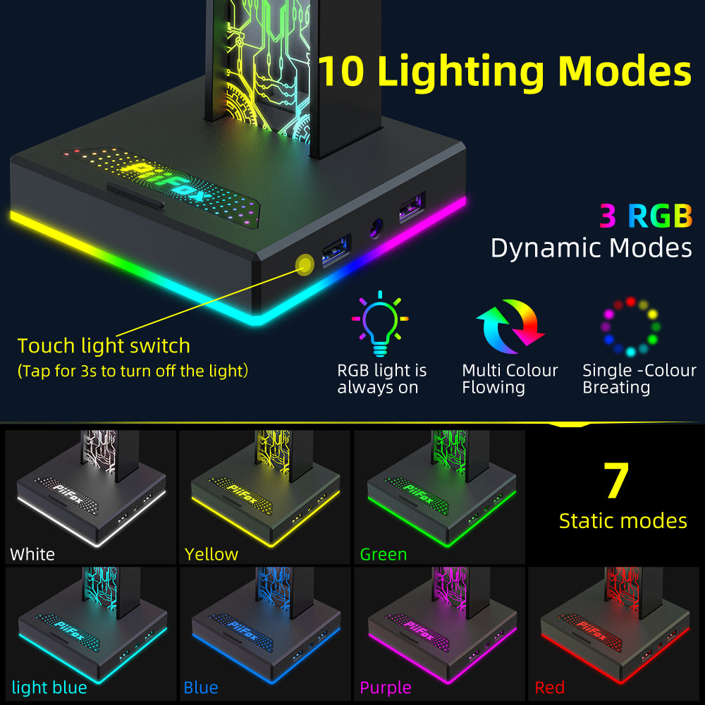 PIIFOX HS-01 RGB Gaming Headset Holder 3D Light Effect Headphone Desk Stand with 2 USB 3.5mm Audio Interface PIIFOX HS-01 RGB Gaming Headset Holder 3D Light Effect Headphone Desk Stand with 2 USB 3.5mm Audio Interface